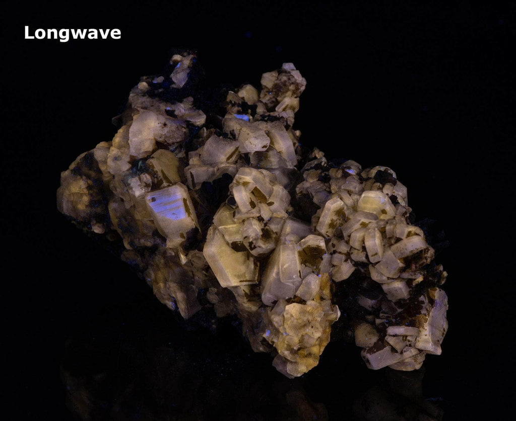 Nicely formed apatite crystals brightly fluorescent under shortwave and midwave UV light. 