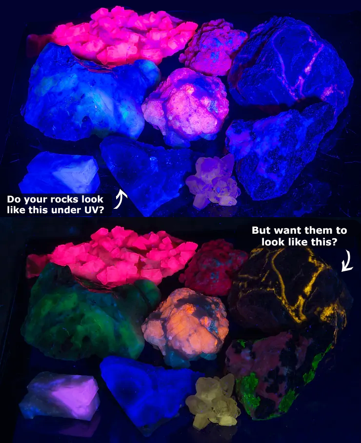 fluorescent minerals under 365nm uv flashlight and 395nm unfiltered uv flashlight