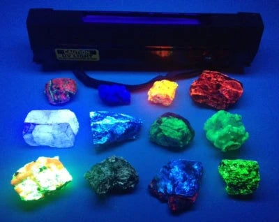A fluorescent mineral lamp lighting up various UV minerals