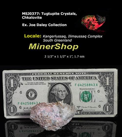 A smaller piece of our larger Kangerlussaq tugtupite specimens containing small tugtupite crystals dispersed throughout the matrix. 