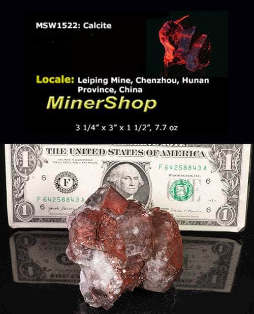 Reddish-brown chocolate calcite brightly fluorescing a red and purple under shortwave UV with excellent zoning