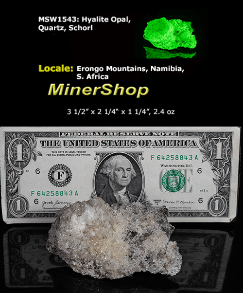 Bright green opal specimen. The hyalite opal shows a bright green fluorescent response under both shortwave and longwave UV.