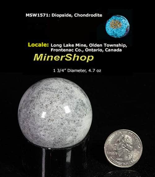 fluorescent diopside and chondrodite sphere from canada