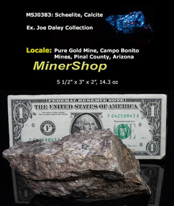 Large piece of red fluorescent calcite and bright blue scheelite from Arizona.