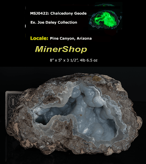 A huge half geode with botryoidal chalcedony crystals inside. It fluoresces a bright green under UV light