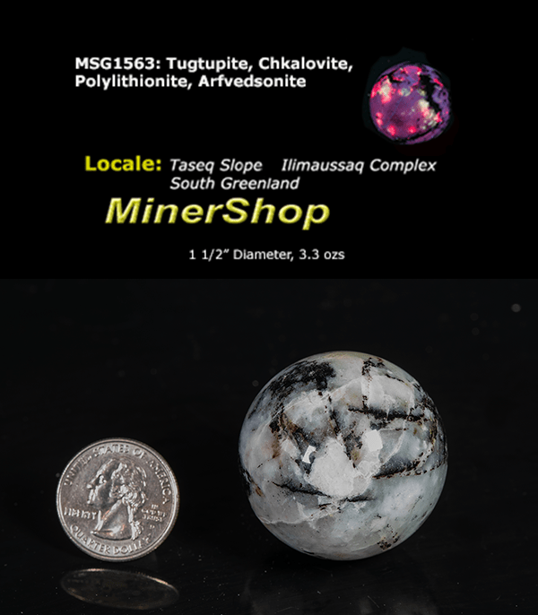 tugtupite and silver polylithionite sphere from Greenland