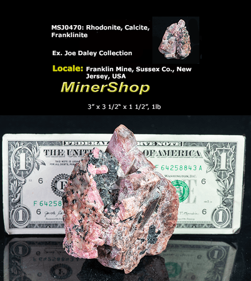 Deep Pink Rhodonite Crystals with Fluorescing Calcite from Franklin Mine