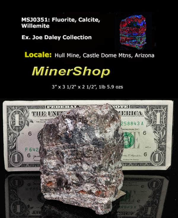 red fluorescent calcite, green fluorescent willemite and and blue fluorescent fluorite