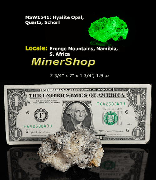 Bright green opal specimen. The hyalite opal shows a bright green fluorescent response under both shortwave and longwave UV.