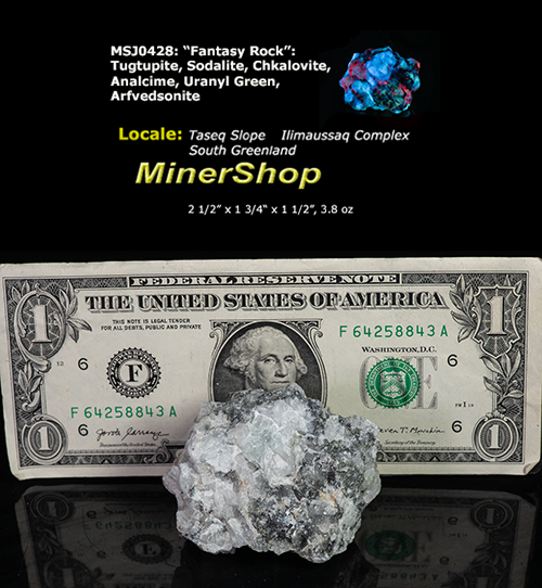 A piece of our highly sought after "Fantasy Rock". This piece features rich tugtupite that fluoresces a deep cherry red under shortwave UV.