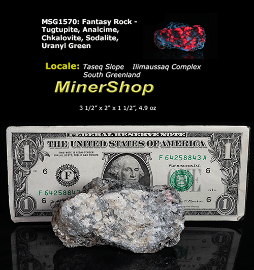 A piece of our highly sought after "Fantasy Rock". This piece features rich tugtupite that fluoresces a deep cherry red under shortwave UV.