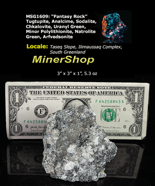 A piece of our highly sought after "Fantasy Rock". This piece features rich tugtupite that fluoresces a deep cherry red under shortwave UV.