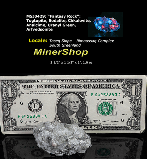 A piece of our highly sought after "Fantasy Rock". This piece features rich tugtupite that fluoresces a deep cherry red under shortwave UV.