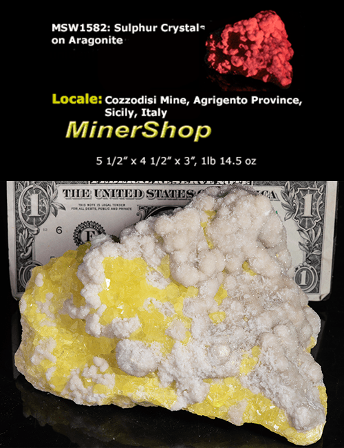 Yellow sulphur crystals sit atop an aragonite matrix