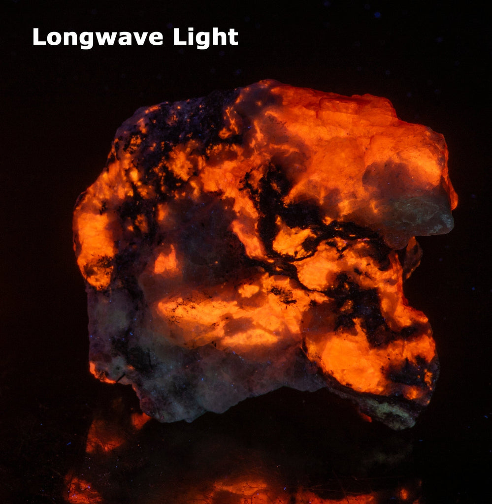 A large mineral specimen of fluorescing sodalite shown under all wavelengths