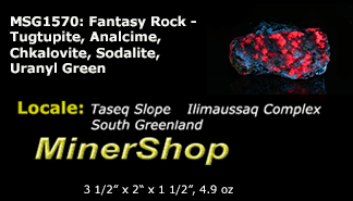 A piece of our highly sought after "Fantasy Rock". This piece features rich tugtupite that fluoresces a deep cherry red under shortwave UV.