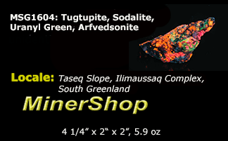 tugtupite (cherry red under shortwave UV light), fluorecent sodalite (orange) and black arfvedsonite