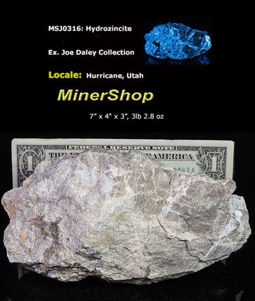 A specimen of Blue hydrozincite from Utah Shown Under Shortwave UV Light
