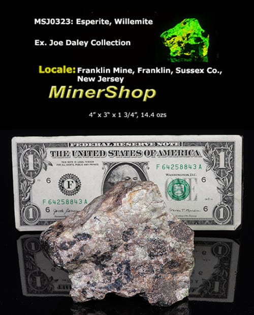 A very large, rare esperite (blindingly bright yellow), willemite (green) from the Parker Shaft in Franklin, NJ