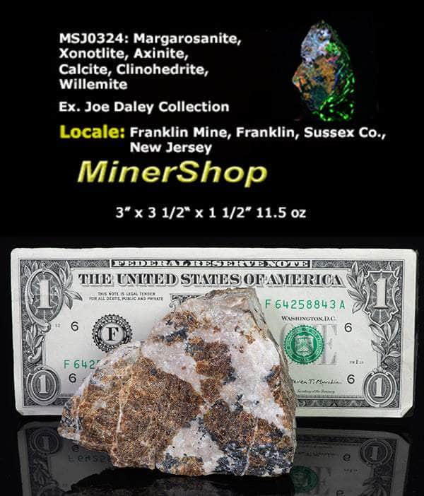 Rare Margarosanite, Xonotlite, Axinite, Clinohedrite, Calcite, Willemite from Franklin Mine, New Jersey, USA