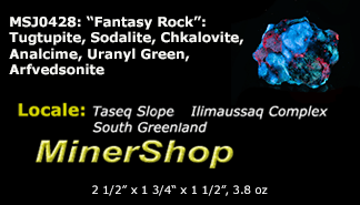 A piece of our highly sought after "Fantasy Rock". This piece features rich tugtupite that fluoresces a deep cherry red under shortwave UV.