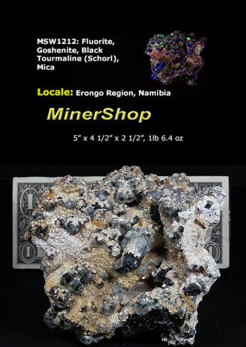fluorite, black tourmaline, mica