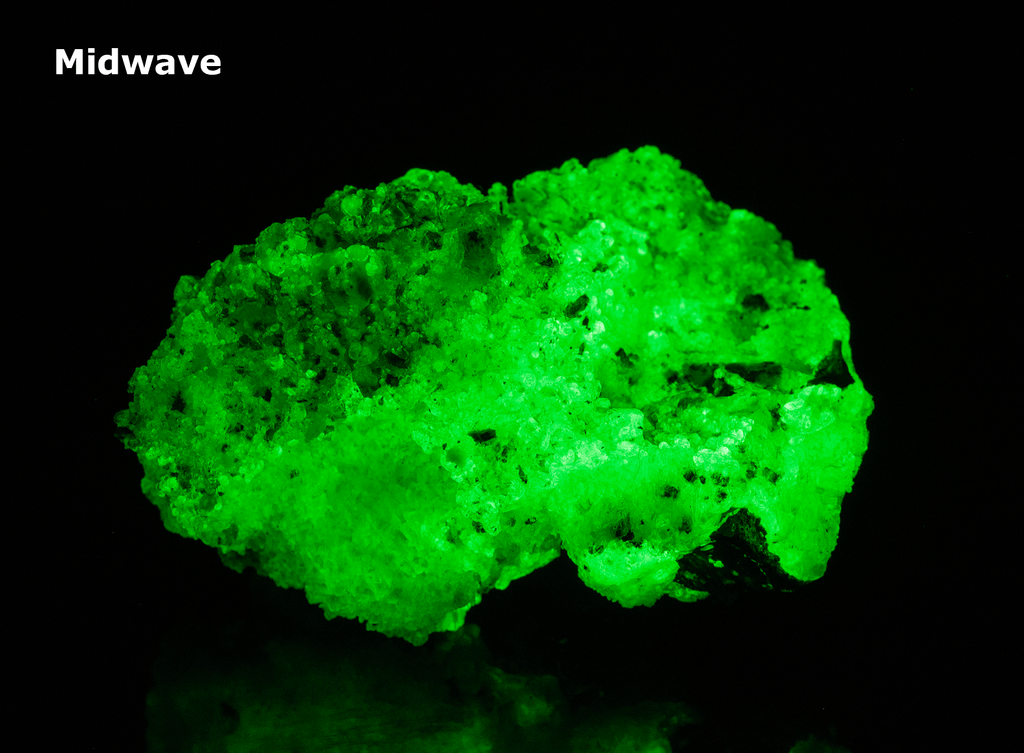 Bright green opal specimen. The hyalite opal shows a bright green fluorescent response under both shortwave and longwave UV.