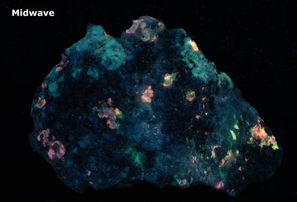 a fluorescent mineral specimen of tugtupite, chkalovite under midwave UV light