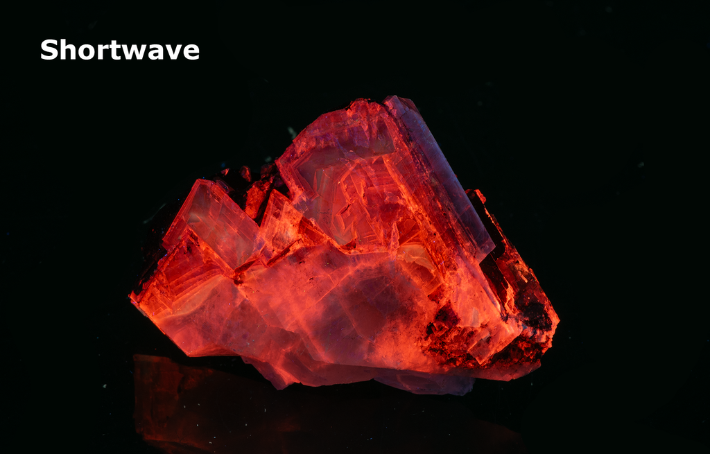 Reddish-brown chocolate calcite brightly fluorescing a red and purple under shortwave UV with excellent zoning