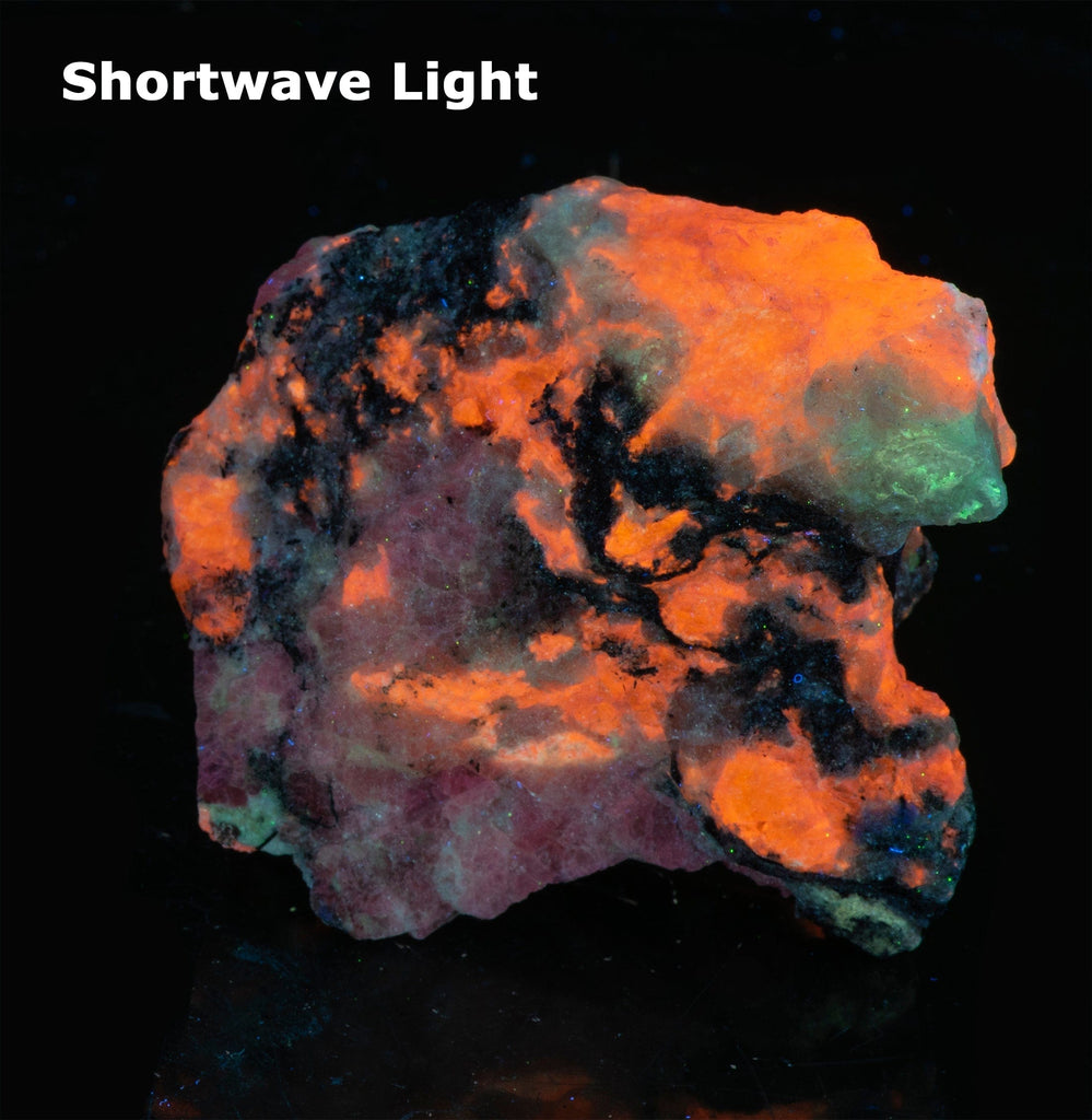 A mineral specimen of fluorescing sodalite shown under all wavelengths