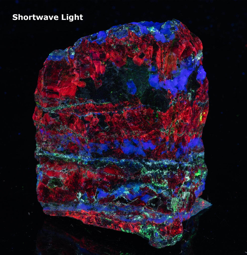 red fluorescent calcite, green fluorescent willemite and and blue fluorescent fluorite