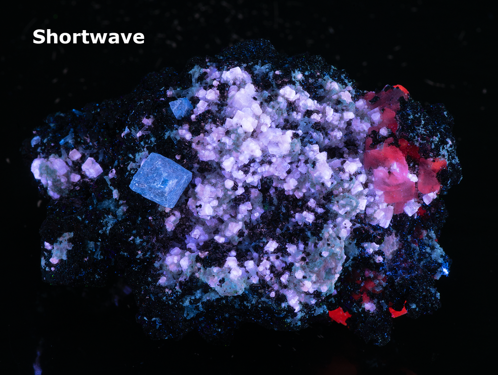 Fluorescent Scheelite, Apatite, Calcite, Pyrite from Huanzala Mine, Peru