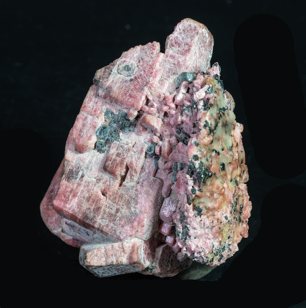 Deep Pink Rhodonite Crystals with Fluorescing Calcite from Franklin Mine