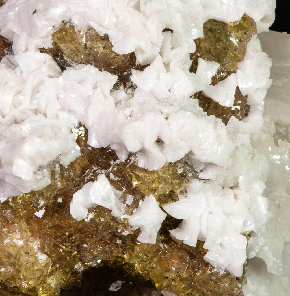  calcite in two different habits along with cubic honey brown fluorite crystals. 