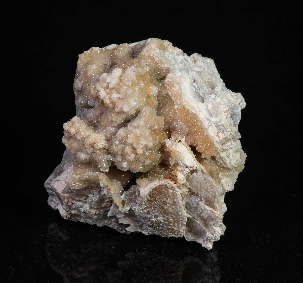 Honey Calcite Crystals on Fluorescent Chalcedony, white calcite from Spain