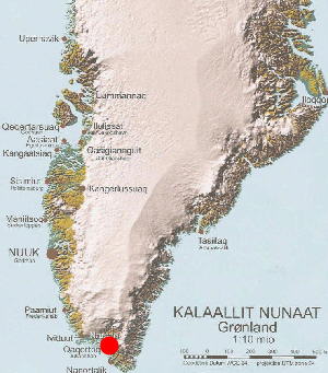 A map of southern greenland with a red dot on Ilimaussaq