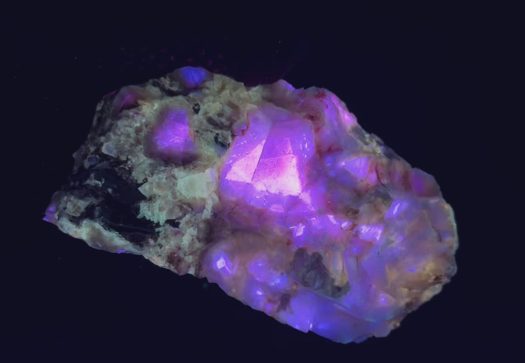 Terlingua Calcite from Little 38 Mine, Texas with fluorescent zoning, brilliant multi-wave UV color & exceptionally long blue afterglow