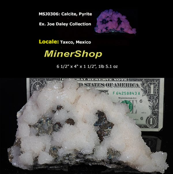 A mineral specimen of white calcite crystals and pyrite under UV light