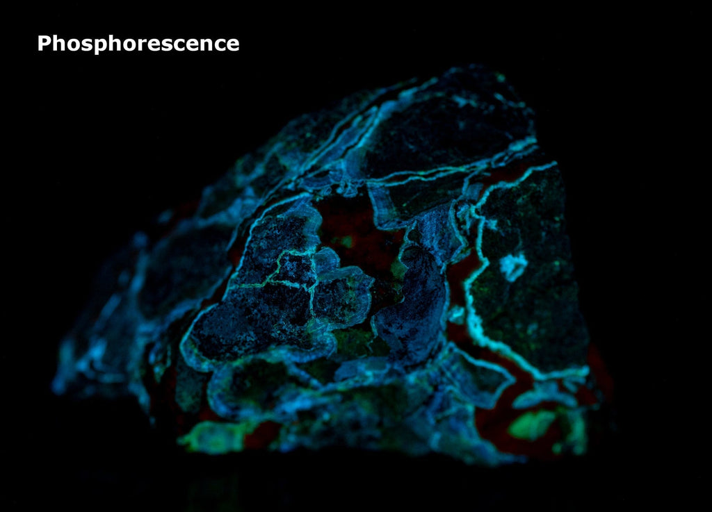 A very phosphorescent piece of calcite and willemite fluorescent under UV light